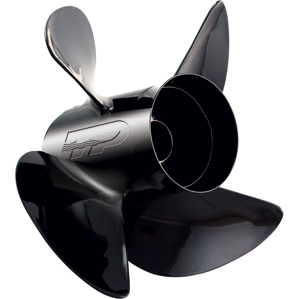 Turning Point Hustler black 4-blade aluminum propeller with polished finish and "TP" logo.