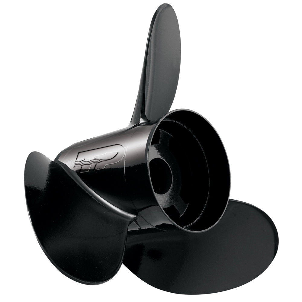 Black 3-blade aluminum Turning Point Hustler boat propeller, 10.125" x 13 pitch.