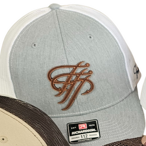 Light gray TTP Outdoors trucker hat with white mesh back, featuring a bronze fishing hook logo.