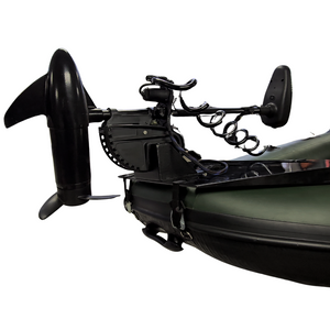 Black trolling motor mounted on a dark green inflatable boat with a universal aluminum clamp.