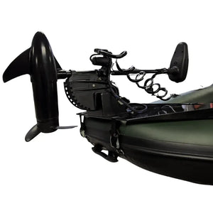 Black trolling motor mounted on a dark green inflatable boat with a universal aluminum clamp.