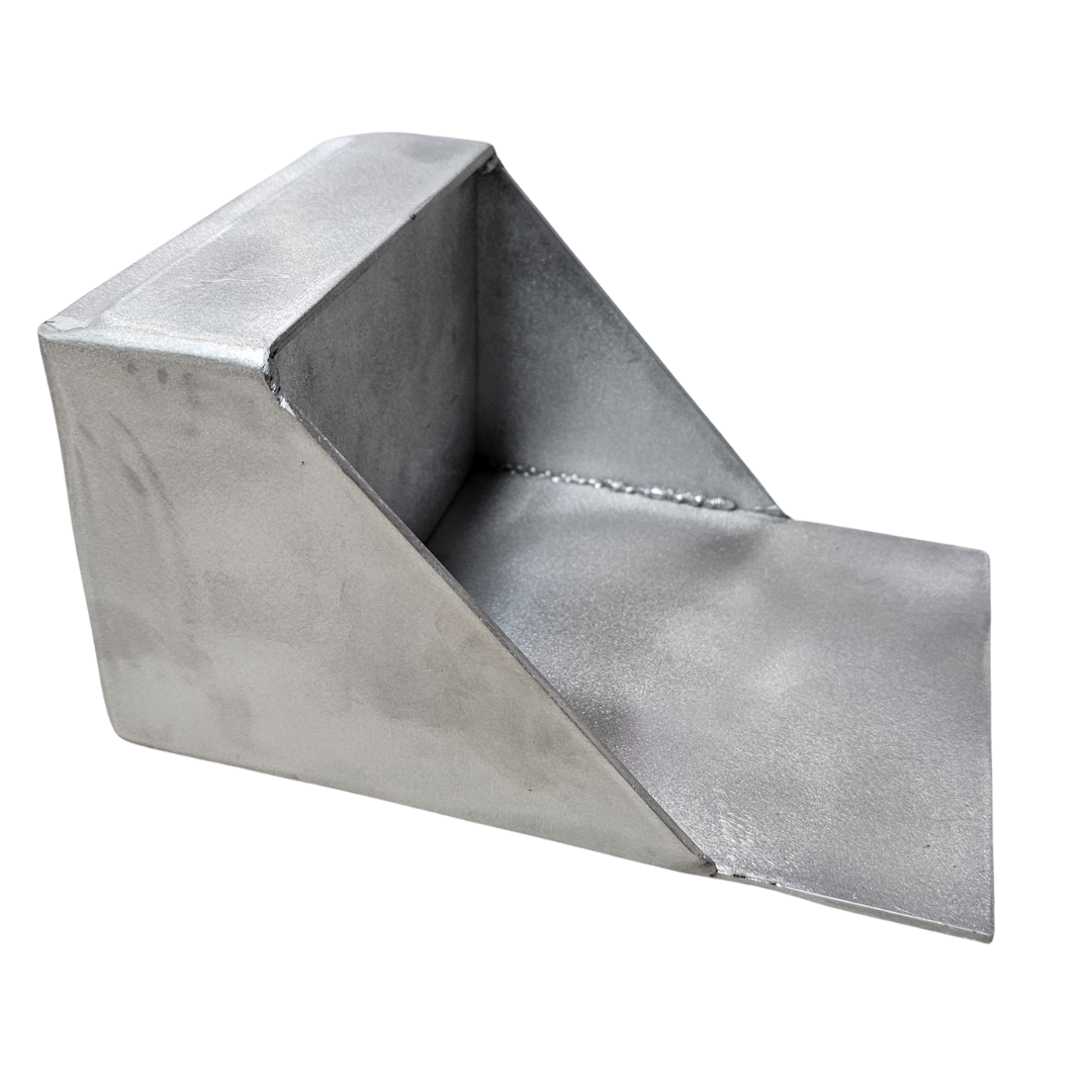 Raw aluminum universal clamp-on trolling motor mount with welded construction and a catch lip.