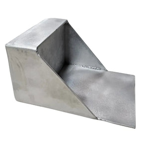 Raw aluminum universal clamp-on trolling motor mount with welded construction and a catch lip.