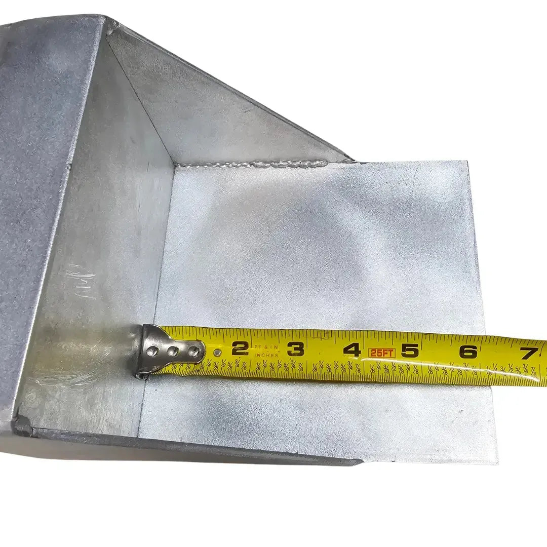 Raw aluminum universal clamp-on trolling motor mount with a tape measure showing its 6-inch width.