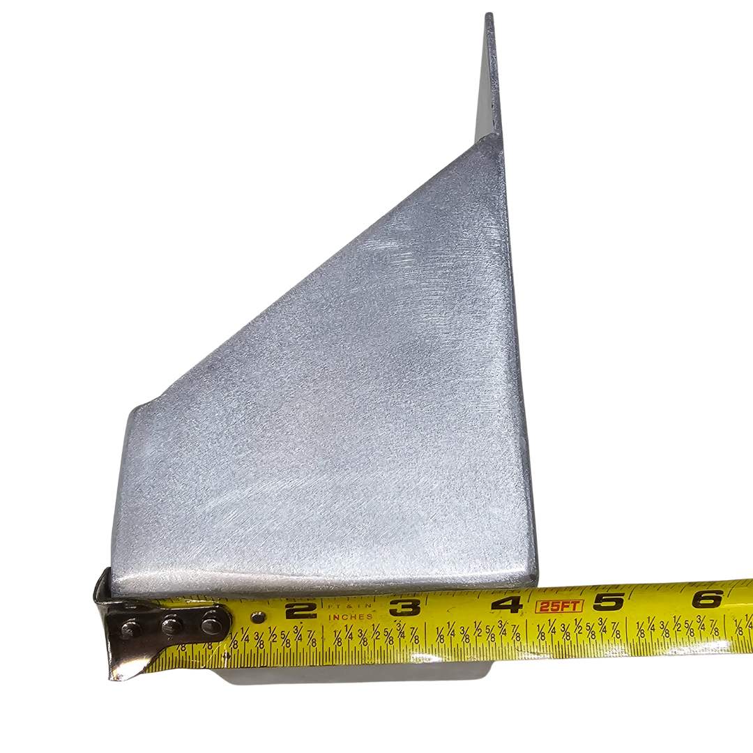 Raw aluminum clamp-on trolling motor mount with a catch lip, shown with a measuring tape.