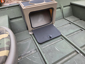 Tan Revolution Products Universal Jon Boat Tiller Console with open storage and black lid, installed in a green jon boat.