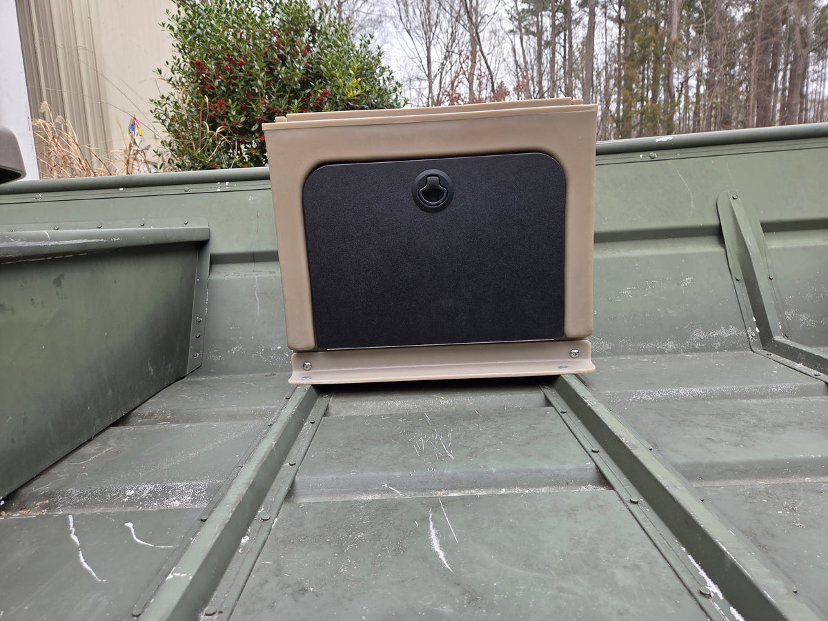 Tan Universal Jon Boat Tiller Console with a black storage door, mounted on a green jon boat.