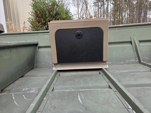 Tan Universal Jon Boat Tiller Console with a black storage door, mounted on a green jon boat.