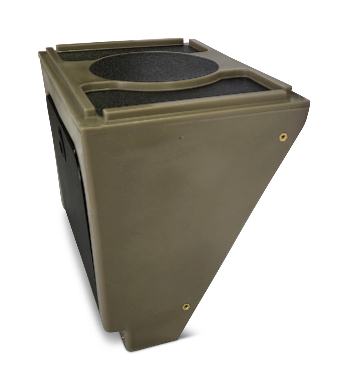 Olive drab universal jon boat tiller console with black textured top, two cup holders, and brass mounting hardware.