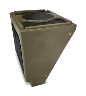 Olive drab universal jon boat tiller console with black textured top, two cup holders, and brass mounting hardware.