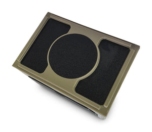 Revolution Products Universal Jon Boat Tiller Console, olive green and black, top-down view.