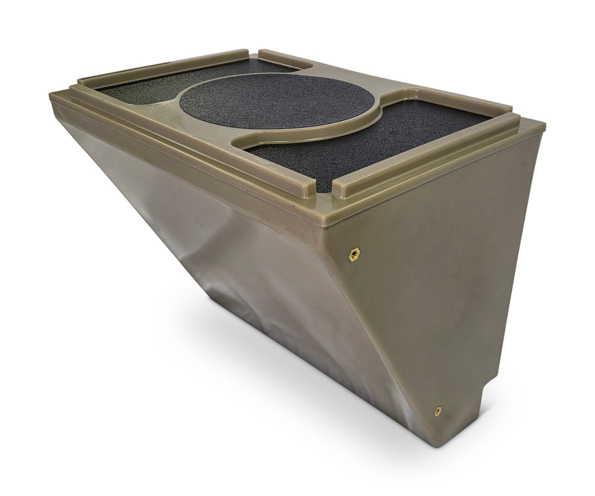 Olive drab universal jon boat tiller console with black textured non-slip pads and brass mounting hardware.