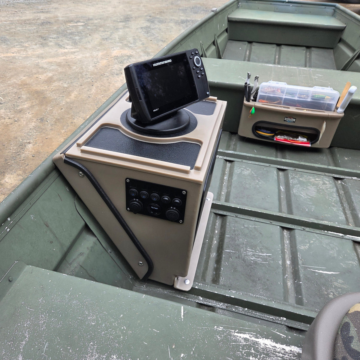 Tan Universal Jon Boat Tiller Console with fish finder mount, switches, and power outlets in a green jon boat.
