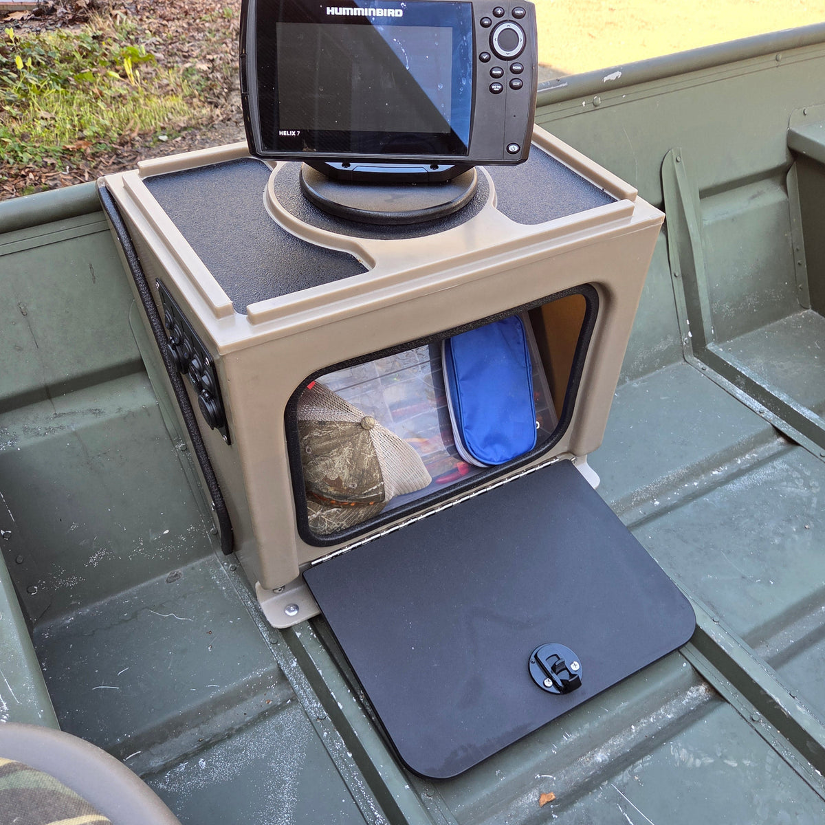 Tan Revolution Products Universal Jon Boat Tiller Console with a Humminbird fish finder and open storage.