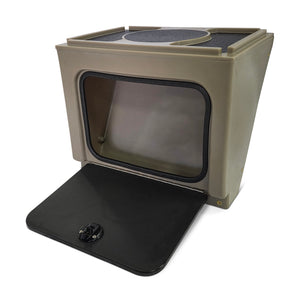 Tan universal jon boat tiller console with open black storage hatch and textured top.