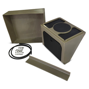 Olive drab universal jon boat tiller console with black door, non-skid pads, and mounting hardware.