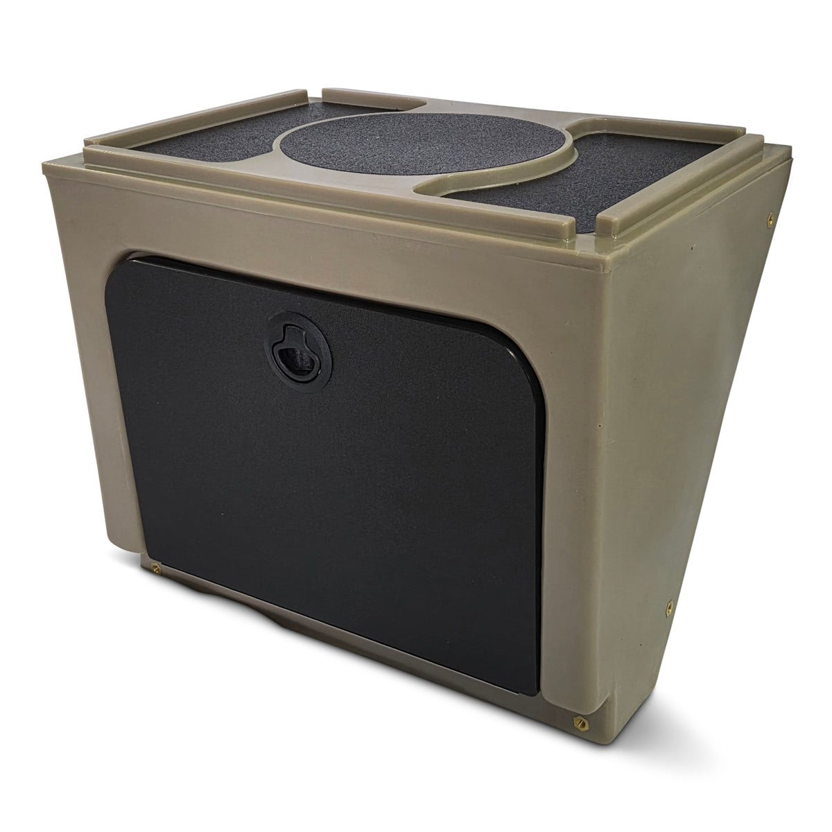 Revolution Products Universal Jon Boat Tiller Console in olive drab with a black storage door and textured top.