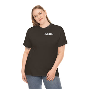 Woman wearing a dark brown "Wastin Time Heavy" cotton tee with a small "JON YACHT" logo.