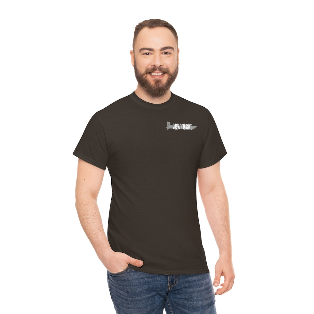 Smiling man wearing a dark brown "Wastin Time Heavy" cotton tee with a small "JON YACHT" logo.