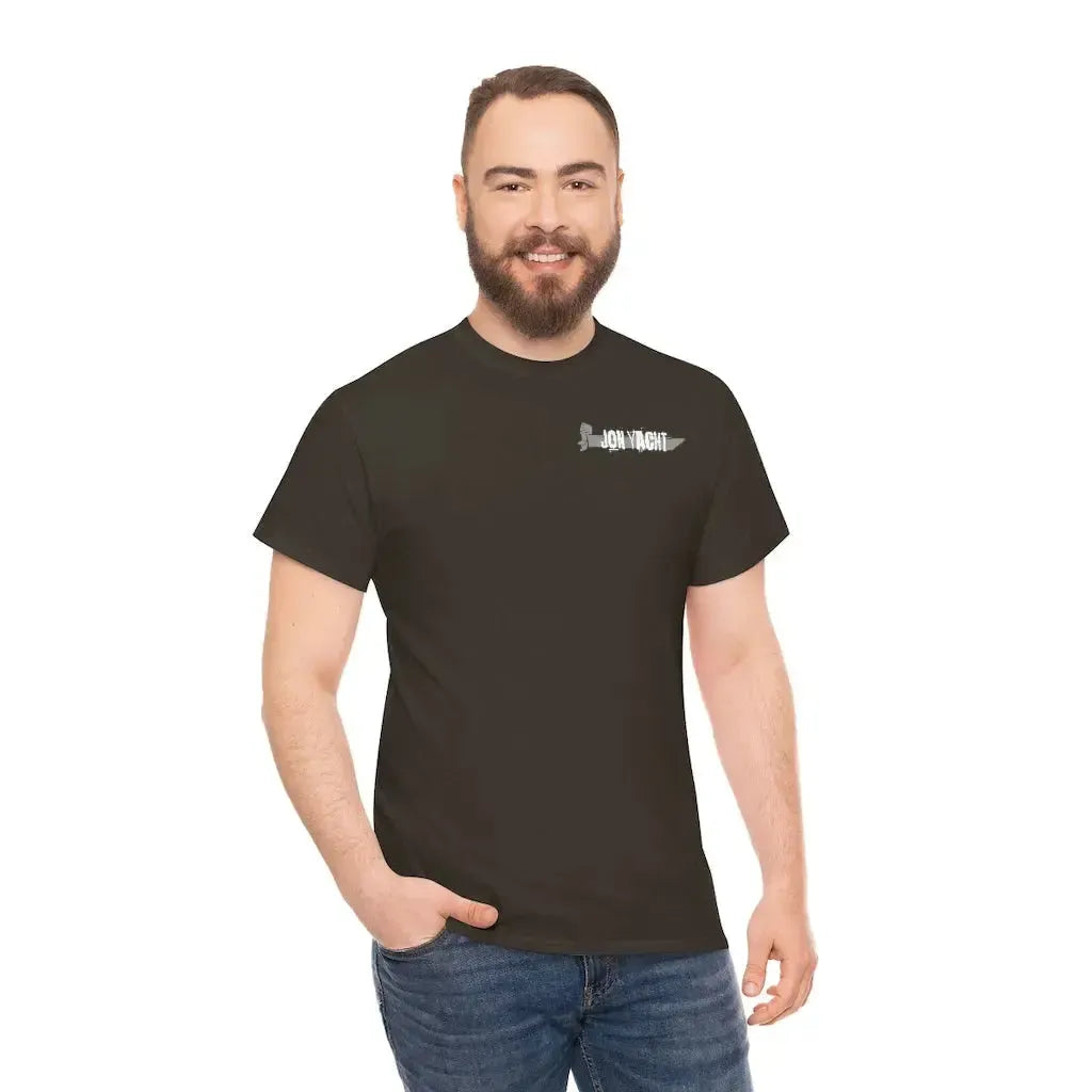 Smiling man wearing a dark brown "Wastin Time Heavy" cotton tee with a small "JON YACHT" logo.