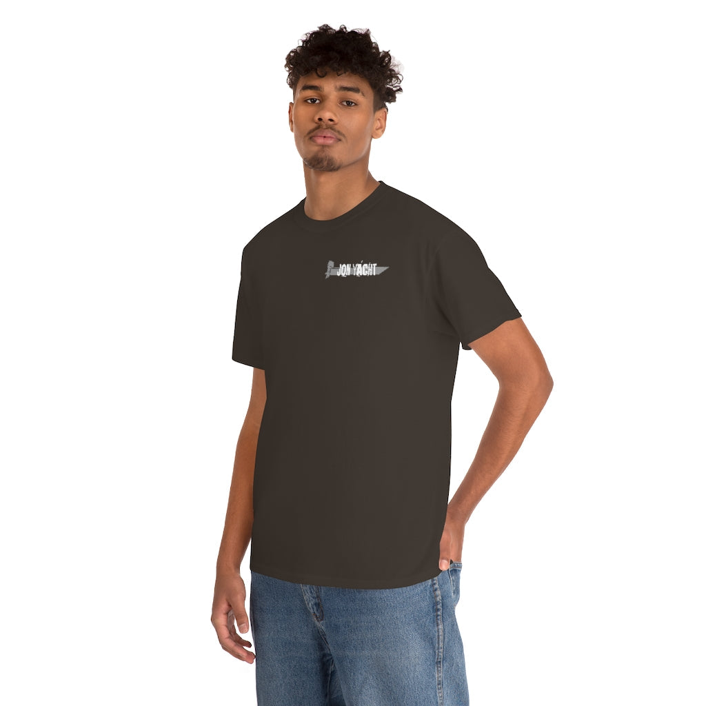 Dark gray heavy cotton tee with a small "JON YACHT" graphic on the left chest, worn by a man.