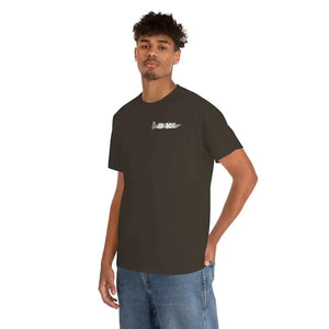 Dark gray heavy cotton tee with a small "JON YACHT" graphic on the left chest, worn by a man.
