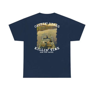 Navy blue heavy cotton t-shirt with "Castin' Lines Killin' Time" text and a fishing boat graphic.