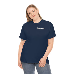 Smiling woman wearing a navy blue heavy cotton tee with a small "JON YACHT" logo on the left chest.
