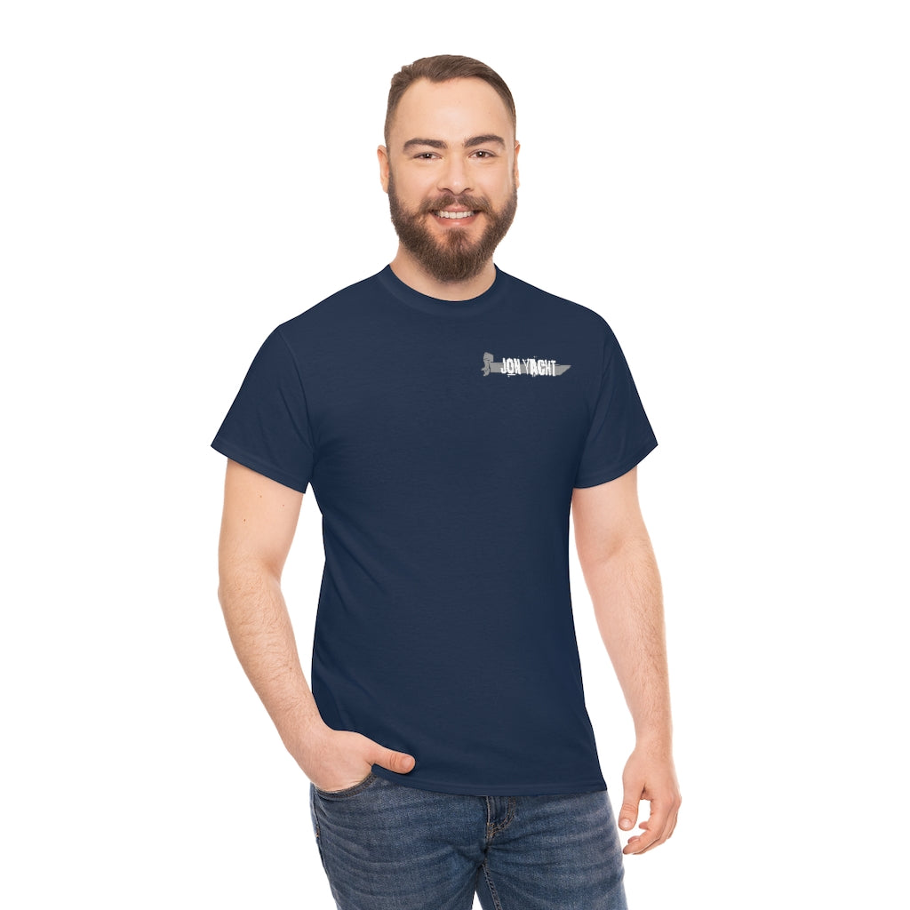 Smiling man in a navy blue "Wastin Time Heavy" cotton tee with a small "JON YACHT" logo.