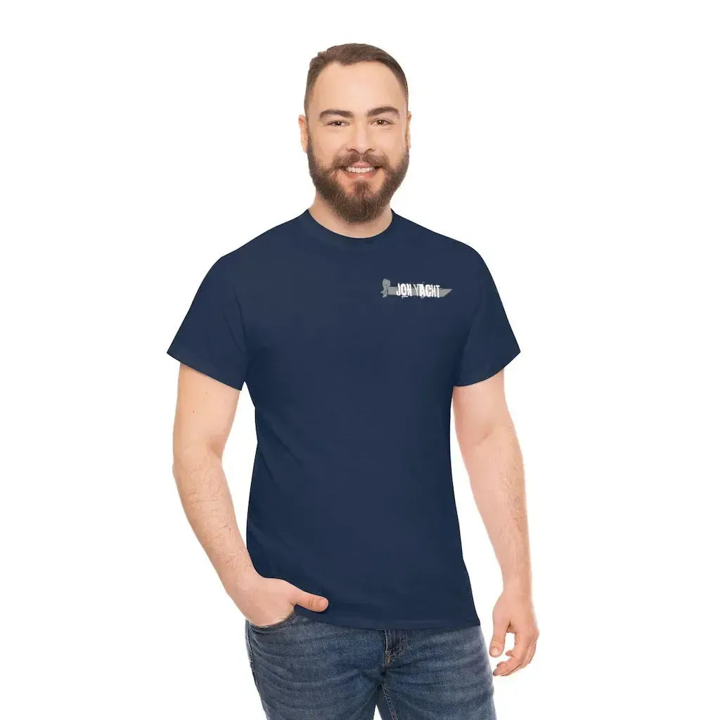 Smiling man in a navy blue "Wastin Time Heavy" cotton tee with a small "JON YACHT" logo.