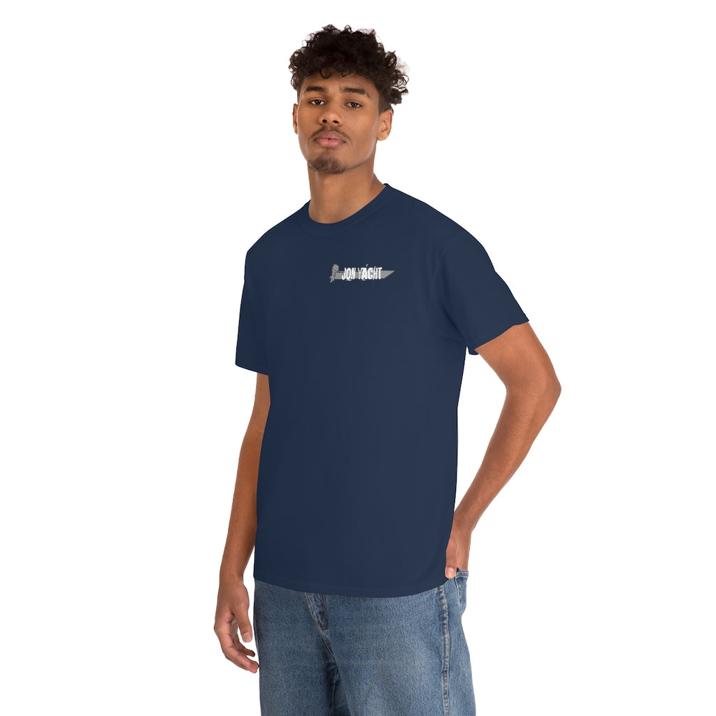 Man wearing a navy blue "Wastin Time Heavy" cotton tee with a small Jon Yacht logo on the left chest.