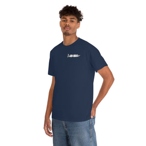 Man wearing a navy blue "Wastin Time Heavy" cotton tee with a small Jon Yacht logo on the left chest.