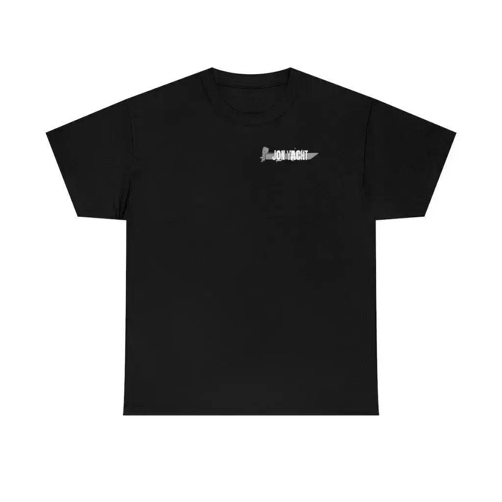 Black heavy cotton classic fit t-shirt with a small gray "JON YACHT" knife logo on the left chest.