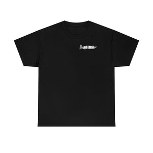 Black heavy cotton classic fit t-shirt with a small gray "JON YACHT" knife logo on the left chest.
