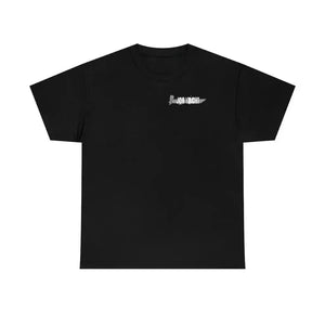 Black heavy cotton classic fit t-shirt with a small gray "JON YACHT" knife logo on the left chest.