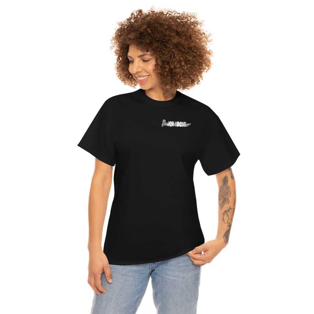 Woman wearing a black "Wastin Time Heavy" cotton tee with a small "JON YACHT" graphic on the chest.
