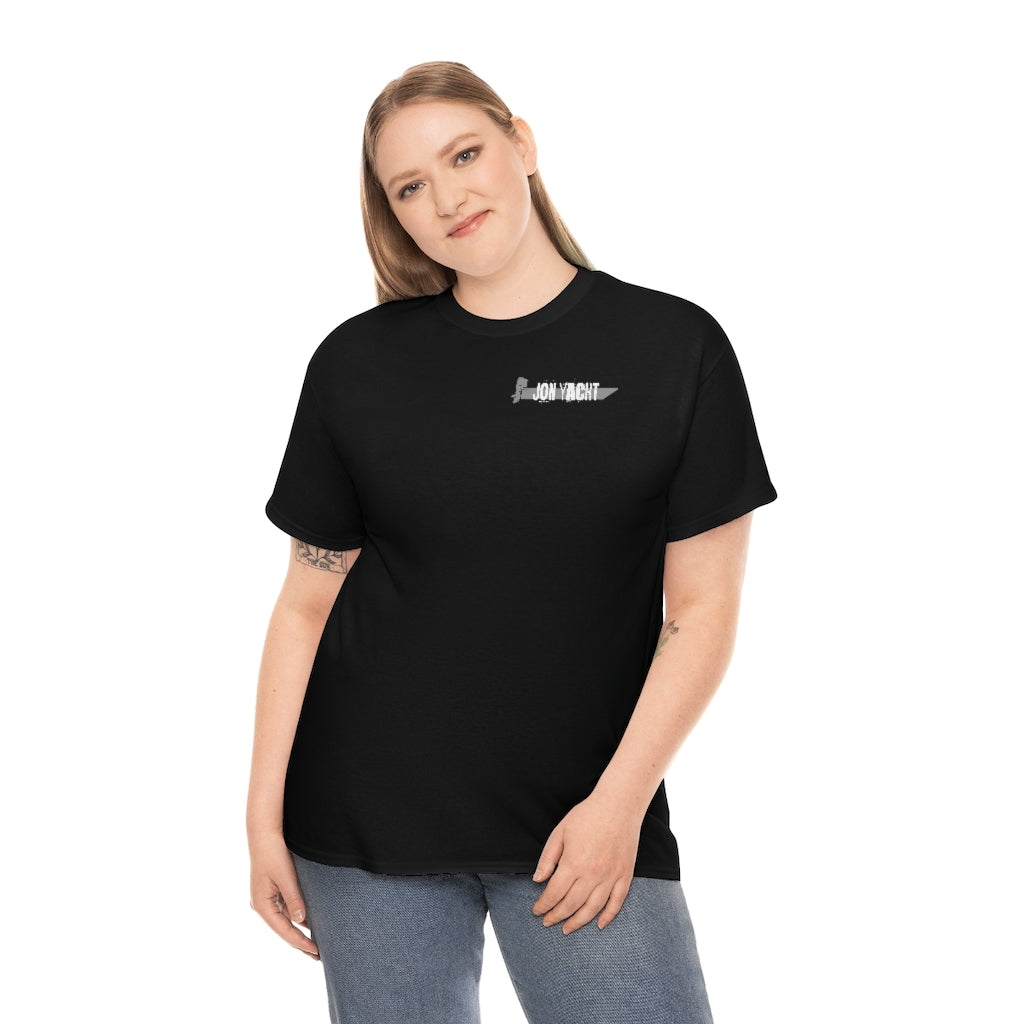 Woman wearing a black cotton classic fit "Wastin Time Heavy" tee with a small gray "JON YACHT" logo.