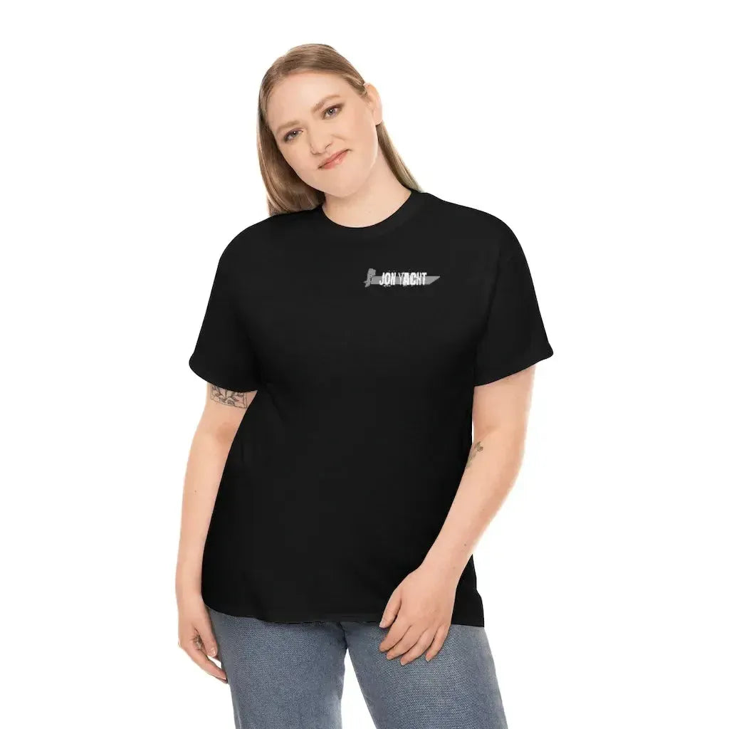 Woman wearing a black cotton classic fit "Wastin Time Heavy" tee with a small gray "JON YACHT" logo.