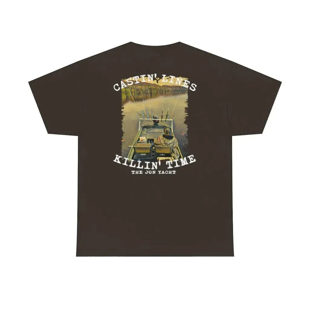 Brown cotton "Castin' Lines Killin' Time" t-shirt featuring a fishing boat graphic.