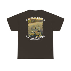 Brown cotton "Castin' Lines Killin' Time" t-shirt featuring a fishing boat graphic.