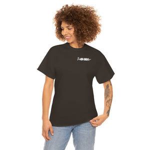 Woman in a black cotton "Wastin Time Heavy" t-shirt with a small "JON YACHT" logo on the chest.