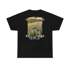 Black cotton tee with "Castin' Lines Killin' Time The Jon Yacht" graphic featuring a fishing boat.