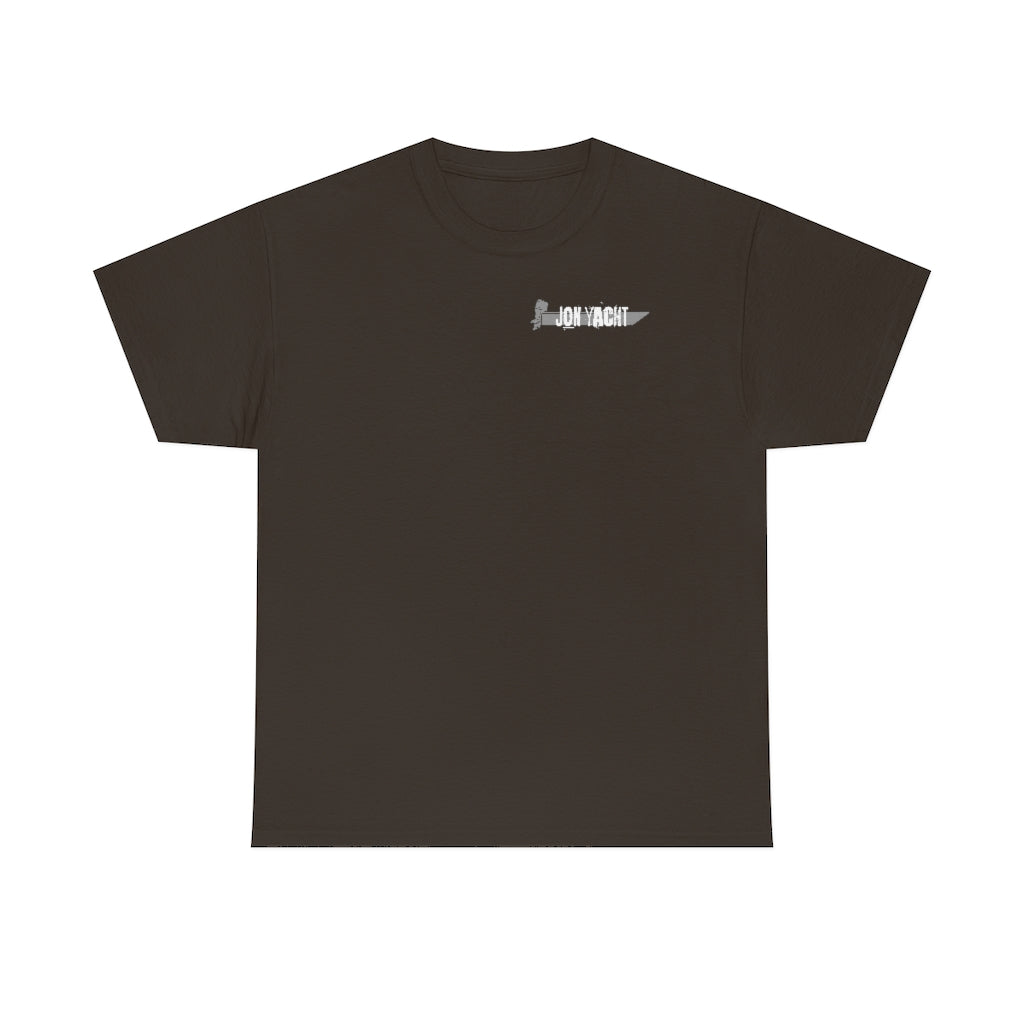 Dark brown heavy cotton t-shirt with a small "JON YACHT" graphic and knife design on the chest.