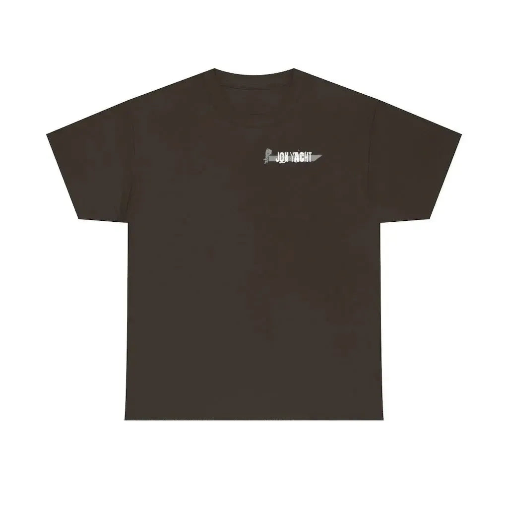 Dark brown heavy cotton t-shirt with a small "JON YACHT" graphic and knife design on the chest.