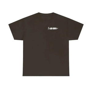Dark brown heavy cotton t-shirt with a small "JON YACHT" graphic and knife design on the chest.