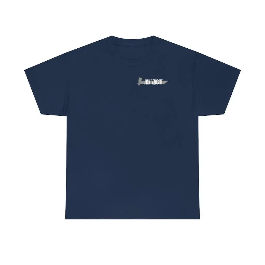Navy blue heavy cotton tee with a small "JON YACHT" knife graphic on the chest.