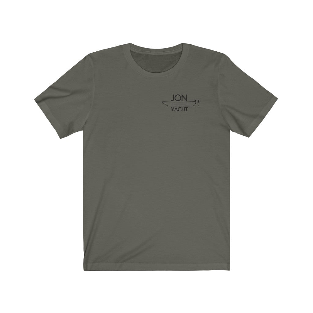 Dark gray short sleeve tee with a small black "JON YACHT" boat logo on the left chest.