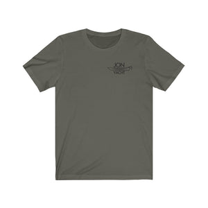 Dark gray short sleeve tee with a small black "JON YACHT" boat logo on the left chest.