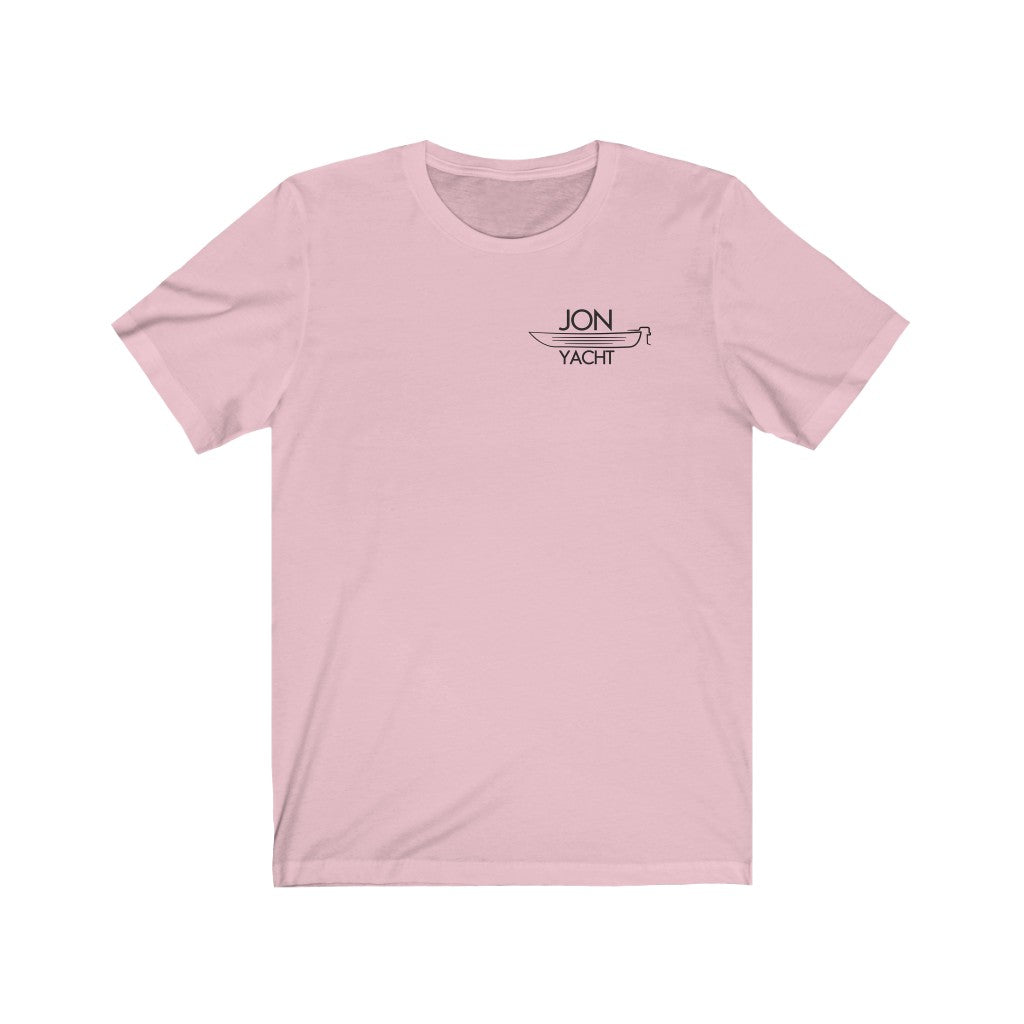 Light pink short sleeve t-shirt with "JON YACHT" text and boat graphic on the left chest.