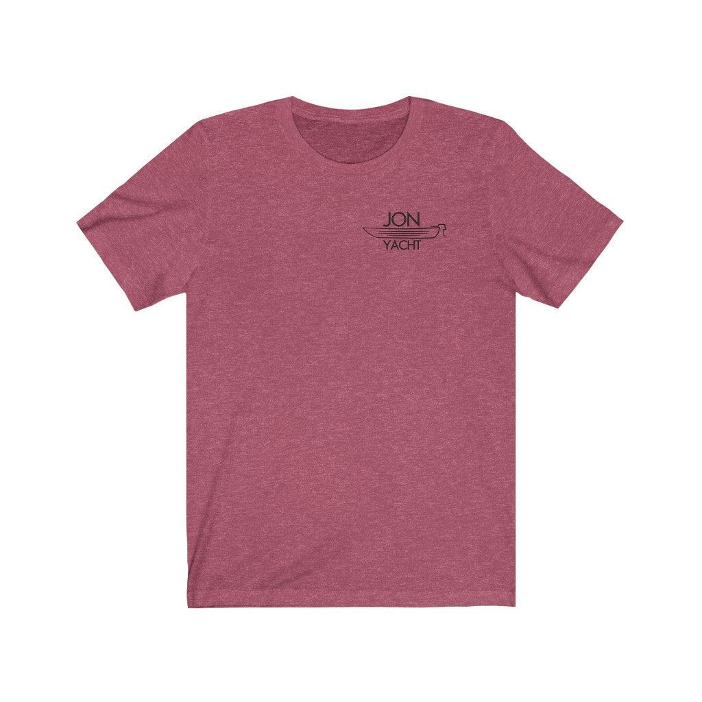 Heather raspberry short-sleeve tee with "JON YACHT" and boat graphic on the left chest.